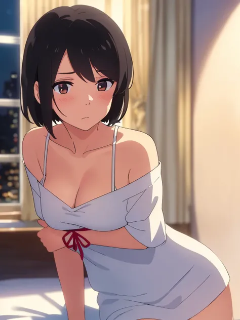 1girl, bangs, black hair, blush, brown eyes, red headband, red ribbon, short hair, off shoulder, white dress, cleavage, looking at the viewer, worried eyes, medium breasts, bedroom, night, perfect anatomy,