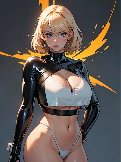 ​masterpiece, ultra-detailliert, 8k, hiquality, Top image quality, digitial illustration, Seductive Anime Girl, Combative posing, Depiction of dense hair, Detailed eye depiction, appearance Splash paint background in colors, Center, ((latex suit:1.3 crop t...