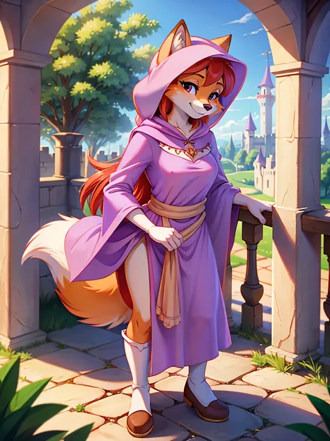 Maid Marian, maid Marian from robin hood Disney, red fox, female fox, using white hood, anthro, furry, solo female, full body, solo, in the castle, hd, beautiful 