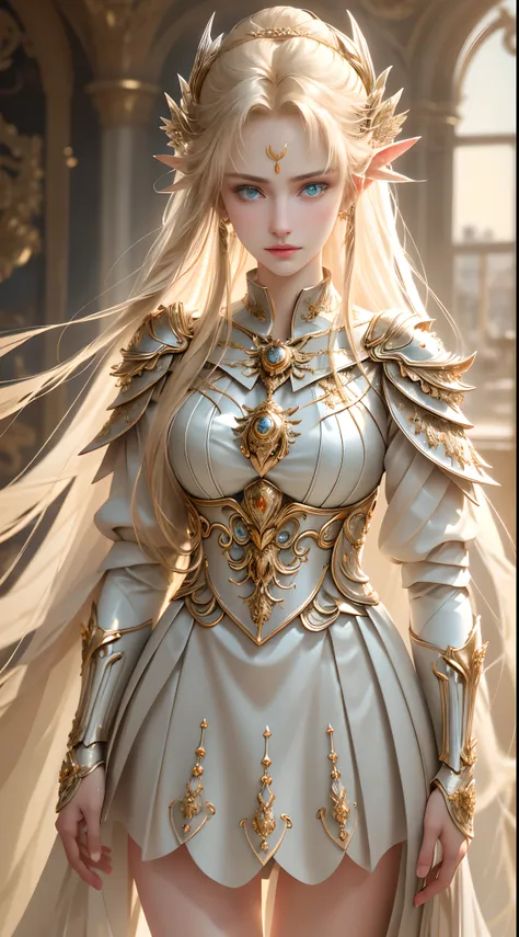 8k ultra hd，original photo，elf girl in silver armor，skirt armor，beautiful girl，long white hair，blonde hair, blue eyes，the face i...