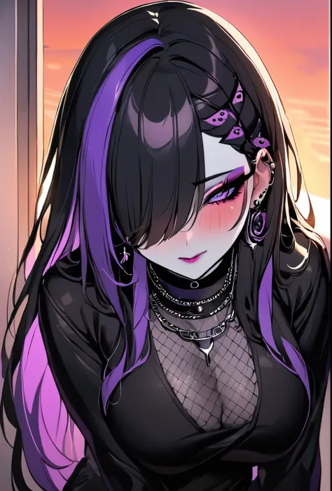 1girl, Holo-Punk Style,((best quality)),((masterpiece)),((strikingly beautiful)), mature, 1girl, solo, high quality, masterpiece, skinny, emo, black emo clothing, heavy makeup, purple eyeliner, mascara, eyeshadow, winged eyeliner, blush, lipstick, earrings...