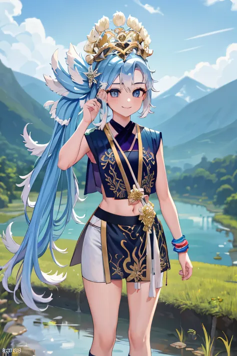 masterpiece, best quality, absurdres, perfect anatomy, 1girl, solo, Kobo3rd, side ponytail, bracelet, hair ornament, blue shirt, sleeveless, midriff, white shorts, standing, river, beautiful mountain background, ricefield, smile, outdoors,wear Indonesian t...