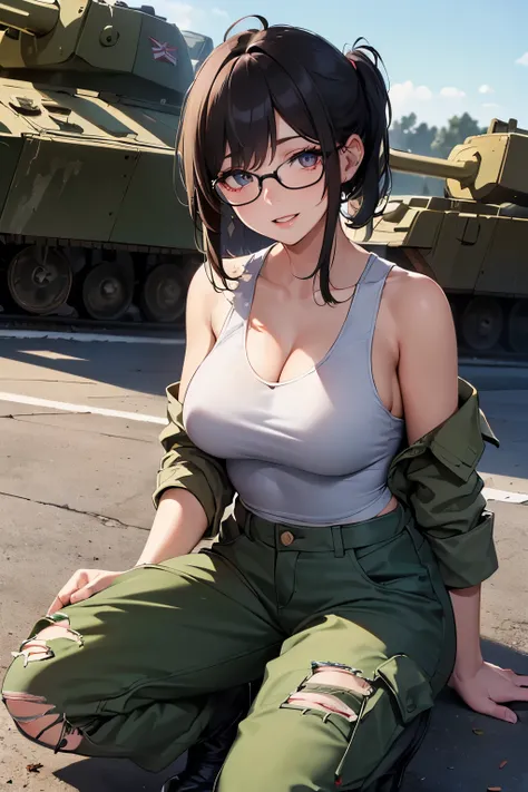 ((wide angle image)), beautiful female veteran, black hair in a ponytail, bangs, wearing large glasses, covering a wound, injured, smiling confidently, (((wearing a white military tank top, layered with a ww2 Oversized military shirt, wearing ww2 military ...