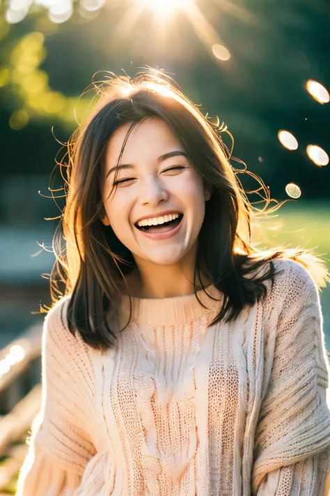 girl, cozy sweater, Upper body, (great laugh:1.1), (open your mouth:1.1), (wide open eyes:1.2), glare of the sun, Bokeh, Depth of the bounds written, blurred background, particles of light, strong wind, (heart particles:1.1)