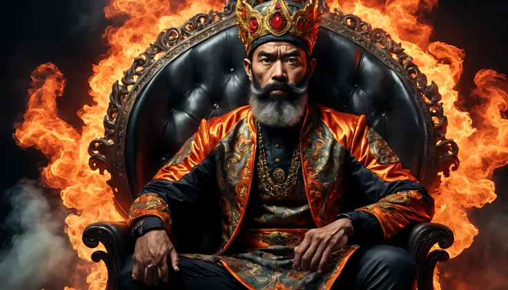 The image of a (athletic, bearded, 50alay man (sitting with crossed legged) , and wearing elaborate clothing with detailed texture. (Fiery with smoke) surround the base of the ultra detailed throne, creating a dramatic effect. ultrarealistic, 8k, high dyn...