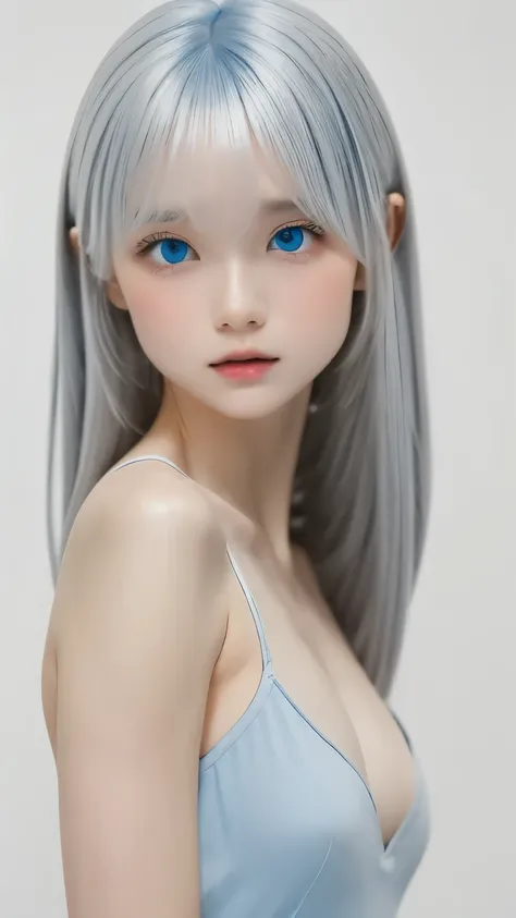 (((white background:1.3)))、highest quality, Masseter muscle part, High resolution, (((albino girl、gray hair:1.3、white eyebrows:1.3、white eyelashes:1.3)))、(((1 girl))), 16 years old,(((eyes are blue:1.3)))、white dress、((white shirt:1.3、White Block Dress)), ...