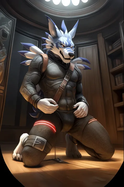 (((Barefoot furry character, full body, cinematic setting, furry male))) 
Barefoot (hypnotised) WereGarurumon wears ((black ninja suit)), tebowing, detailed paws with claws, blue fur, in a trance, a look of weak resistance to hypnosis on his face, (droolin...