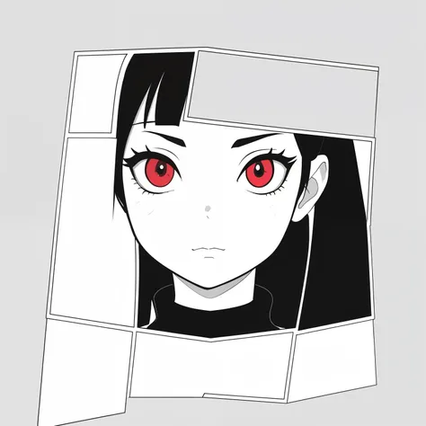 Cara de anime, with only the bottom half of her face adorned with bright red eyes, presents a captivating contrast in this black and white illustration. Her anime-inspired features are sharply defined, each line and curve meticulously rendered in this high...