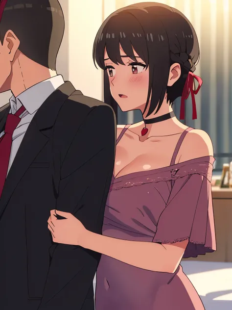 1boy, tuxedo, buzzcut, boy behind girl, touching chest, breatsgrope from behind, grab, grabbing chest,chestgrab behind back, hold breast, hug back, hugging, neck kiss, 1girl, bangs, black hair, blush, brown eyes, red headband, red ribbon, short hair, off s...