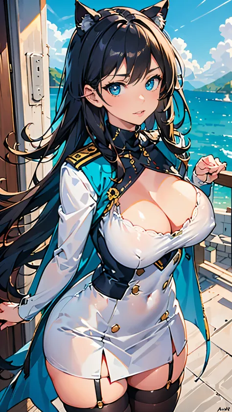 (masterpiece, best quality, RAW photo, intricate details) portrait, head and shoulders, 1girl / Atago / medium dark hair, blues eyes, cat ears, large breasts, cleavage, curvaceous body, (wearing admirals uniform:1.5, wearing white skirt:1.3, stockings:1.2)...