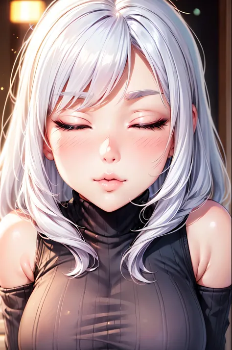 (High quality, High resolution, Fine details), Anime style, Focus on Face, Zoom to Face, (Sleeveless Turtleneck Sweater), (kissy face), (Kissing mouth), solo, curvy women, white hair, (Close eyes), blush, Sweat, Oily skin, Bokeh, shallow depth of field
