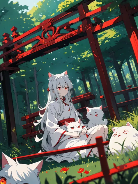 ((highest quality、masterpiece、glowing red eyes、be familiar with))、beautiful face、white cat ears、long gray hair、red cheongsam、Sitting anime style 、yawning、(sleeping curled up in the grass)、Bright day、in the forest、beautiful anime、nature background