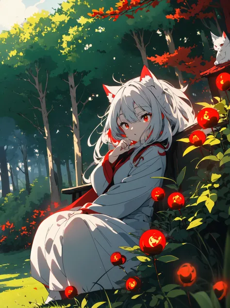 ((highest quality、masterpiece、glowing red eyes、be familiar with))、beautiful face、white cat ears、long gray hair、red cheongsam、Sitting anime style 、yawning、(sleeping curled up in the grass)、Bright day、in the forest、beautiful anime、nature background