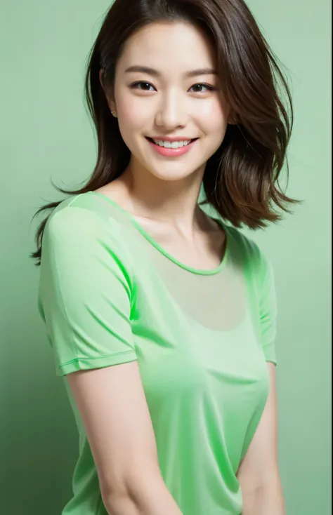 Best quality,masterpiece,ultra high res,(photorealistic:1.4),1girl, smile, green short-sleeved T-shirt, in studio, pastel green background,