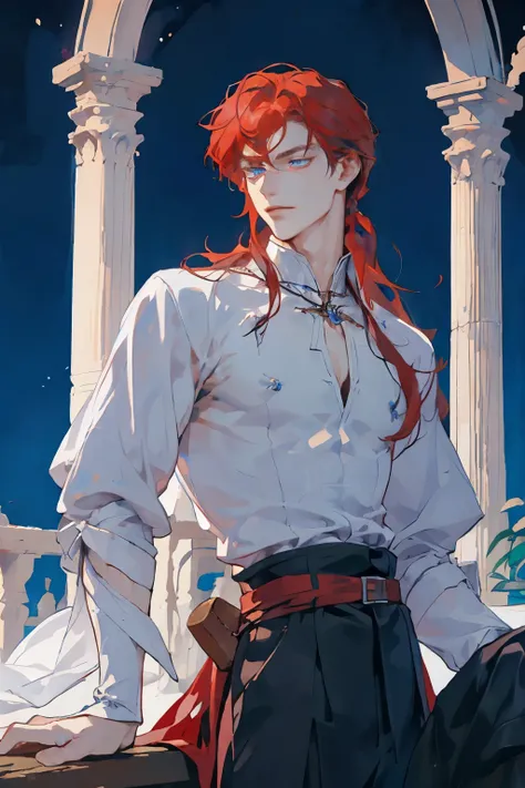 (best quality),((((adult)))),1 man,male,mature,very tall,elegant,long crimson hair,royal blue eyes,medieval bohemian style clothing,detailed face and expression,soft lighting,style painting, deep colors