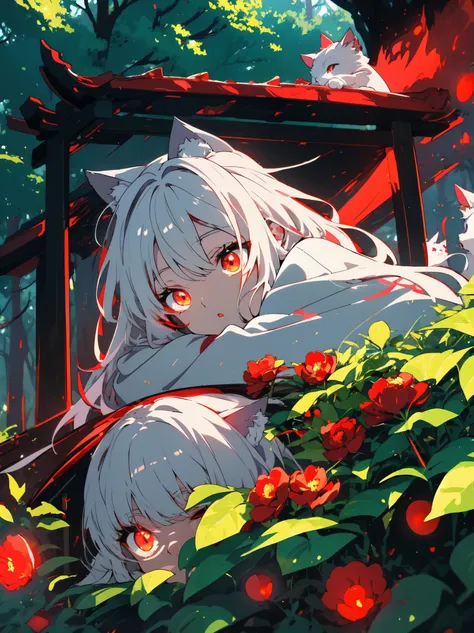 ((highest quality、masterpiece、glowing red eyes、be familiar with))、beautiful face、white cat ears、long gray hair、red cheongsam、Sitting anime style 、yawning、(sleeping curled up in the grass)、Bright day、in the forest、beautiful anime、nature background