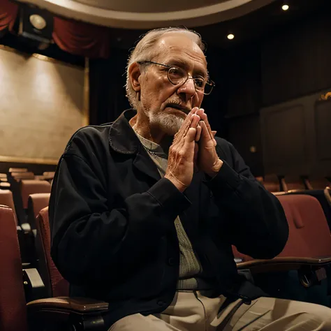 a sad old man clapping in the theater 