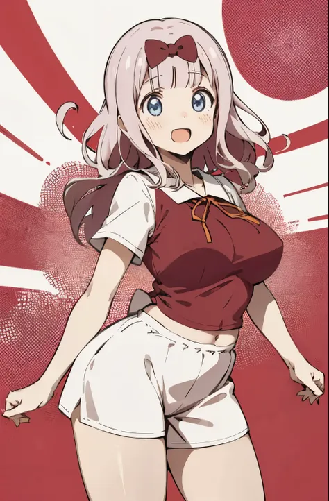 chika, wearing a red blouse and white shorts, very small breasts, scared by the size of her breasts, happy, bow on her head