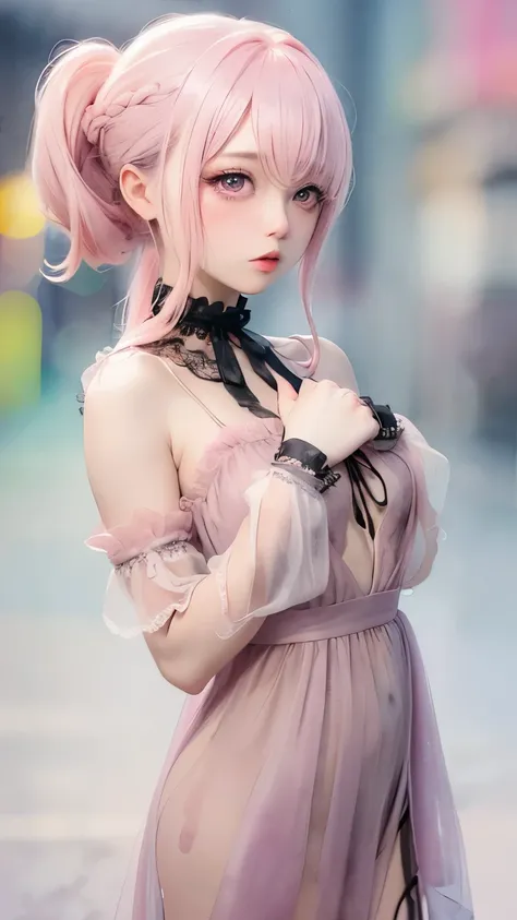 (((blurred background、Watercolor style background)))、one girl、１６talent、anatomy、Pale pink eyes、Loosely braided low ponytail、light pink hair、small breasts、black dress open neck dress、sheer lace dress、translucency、random pose、highest quality、High resolution、H...