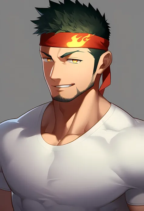 anime characters：Guy, Priapus, 1 young muscular man, male focus, Flame tattoo, Sport red headband, Creamy white spandex tight T-shirt, muscular male, muscular, only, Upper body, alone, short black hair, thick eyebrows, stubble, yellow eyes, White backgroun...