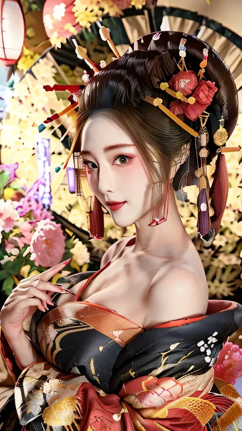 Filmed in 4K high resolution、Women in masterpiece photographs。She has natural voluminous lighting and best shadows、Smiling and expressive。she is depicted as a beautiful courtesan、I am posing in a kimono。her face is soft, delicate and charming、Extended dept...