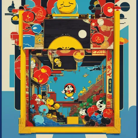 the video game play of pac-man reimagined in the art style of Wu Guanzhong, bamboo framed arcade game