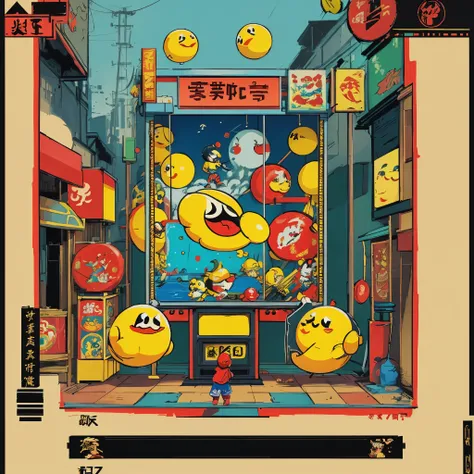 the video game play of pac-man reimagined in the art style of Wu Guanzhong, bamboo framed arcade game