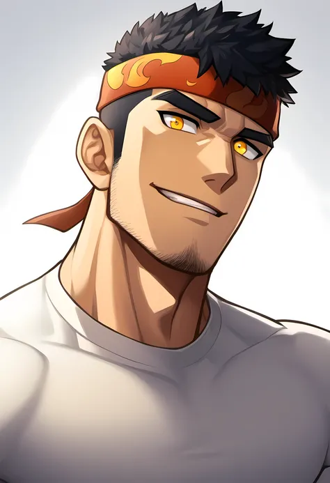 anime characters：Guy, plum, 1 young muscular man, male focus, Flame tattoo, Sport red headband, Creamy white spandex tight T-shirt, muscular male, muscular, only, Upper body, alone, short black hair, thick eyebrows, stubble, yellow eyes, White background, ...