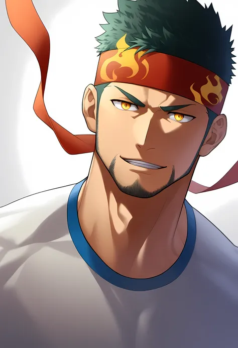 anime characters：Guy, Priapus, 1 young muscular man, male focus, Flame tattoo, Sport red headband, Creamy white spandex tight T-shirt, muscular male, muscular, only, Upper body, alone, short black hair, thick eyebrows, stubble, yellow eyes, White backgroun...