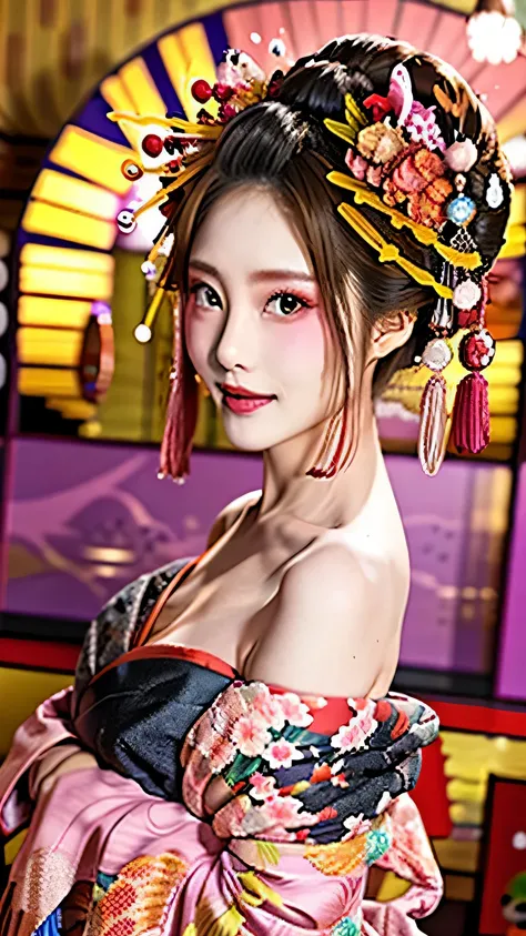 Filmed in 4K high resolution、Women in masterpiece photographs。She has natural voluminous lighting and best shadows、Smiling and expressive。she is depicted as a beautiful courtesan、I am posing in a kimono。her face is soft, delicate and charming、Extended dept...