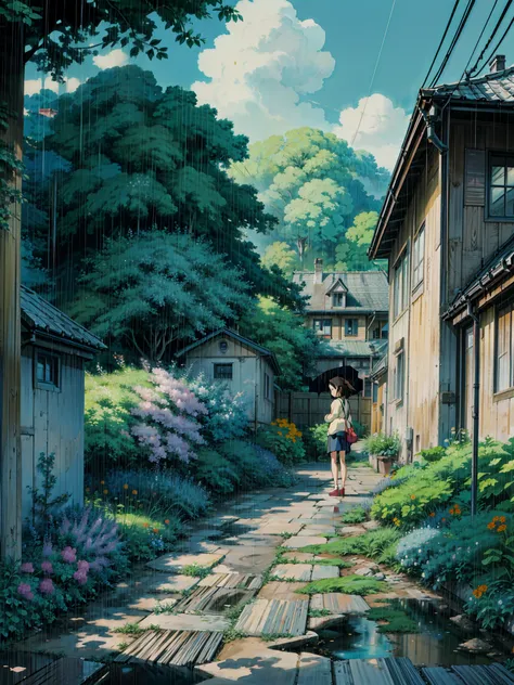 a painting of an alley in the rain, anime scenery, anime. flowers, Meadows, filled with flowers, by makoto shinkai, anime nature wallpap, anime background art, anime background, alena aenami and artgerm, anime atmospheric, anime movie background, anime nat...