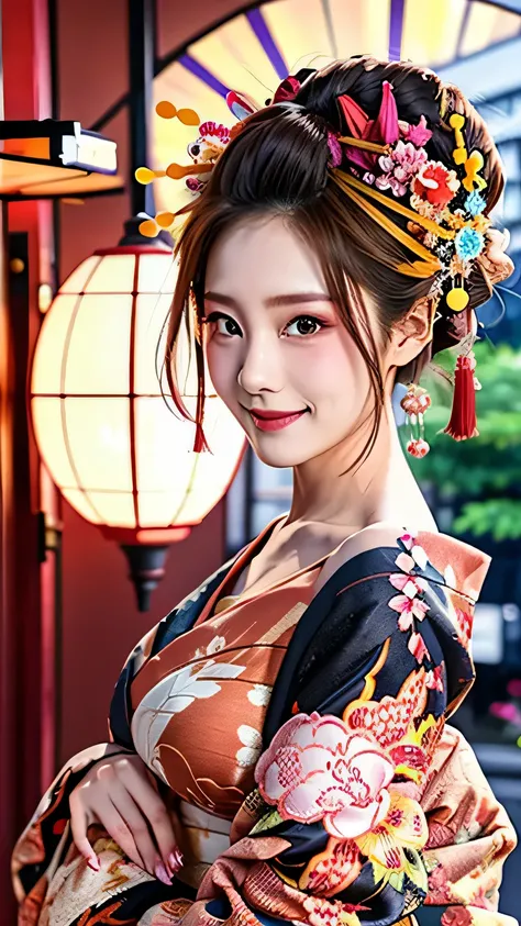 Filmed in 4K high resolution、Women in masterpiece photographs。She has natural voluminous lighting and best shadows、Smiling and expressive。she is depicted as a beautiful courtesan、I am posing in a kimono。her face is soft, delicate and charming、Extended dept...