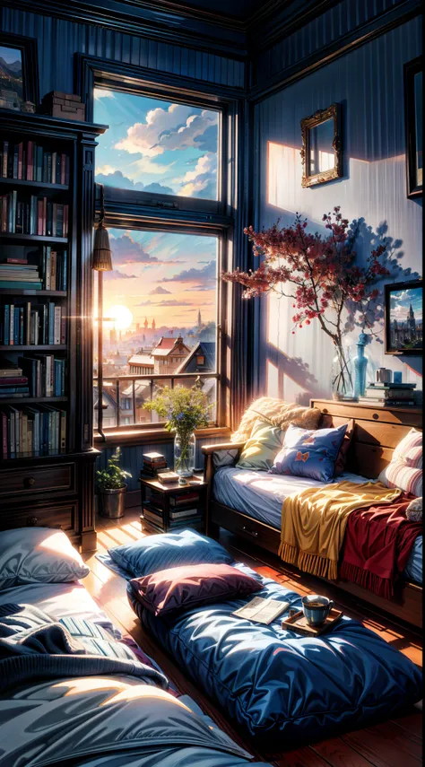 a bedroom with a bed and a book shelf, sunrise coloring the room, photorealistic room, bedroom in studio ghibli, painting of a room, soft glowing windows, personal room background, dream atmosphere, a sunny bedroom, cozy room, bedroom background, by Evgeny...