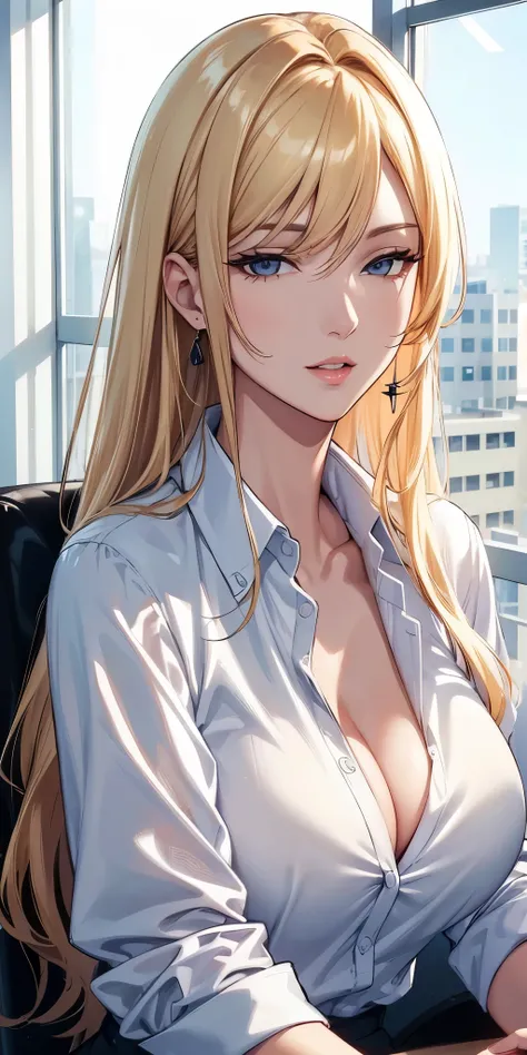 (best quality, highres), portrait, elegant boss lady, long straight hair, swept-side bang, [[[brown hair]]], blonde hair, high detailed eyes, office shirt, cleavage, office window