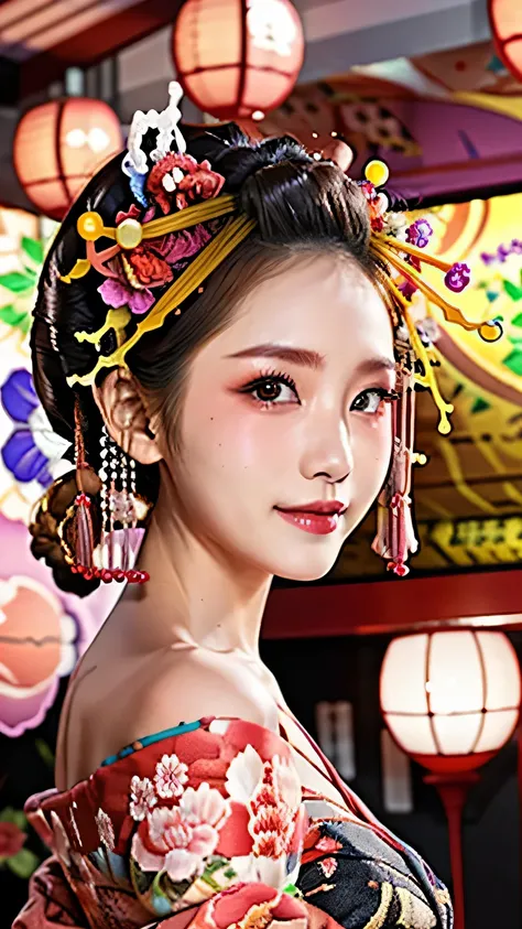 Filmed in 4K high resolution、Women in masterpiece photographs。She has natural voluminous lighting and best shadows、Smiling and expressive。she is depicted as a beautiful courtesan、I am posing in a kimono。her face is soft, delicate and charming、Extended dept...