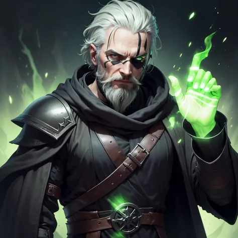 Man in a black robe, wearing leather armor, right eye black, beard, hands raised(greenish glow), necromancer