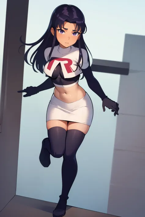 (masterpiece, best quality:1.2), blackfire, 1girl, solo, breasts, dark skin, team rocket,team rocket uniform,white skirt,red let...