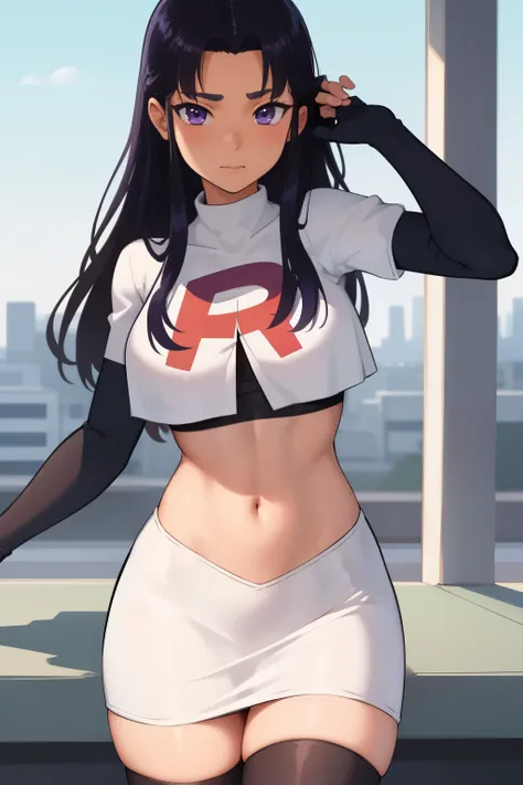 (masterpiece, best quality:1.2), blackfire, 1girl, solo, breasts, dark skin, team rocket,team rocket uniform,white skirt,red let...