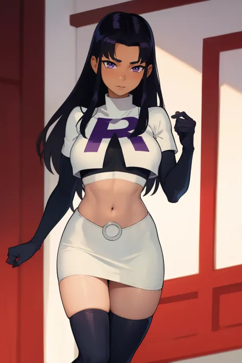 (masterpiece, best quality:1.2), blackfire, 1girl, solo, breasts, dark skin, team rocket,team rocket uniform,white skirt,red let...