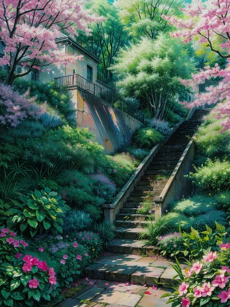 painting of a set of stairs covered in pink flowers, blossoming path to heaven, bougainvillea, old stone steps, stairways, leading to a beautiful, stone steps, stairway, stairway to heaven, outdoor staircase, staircases, stone stairway, steps leading down,...