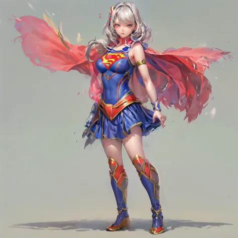 Game character, East Asian original art character design, 1girll, Solo,[:(Gradient background:1.5):40],full body, big breasts, Supergirl costume dress, add_detail:2