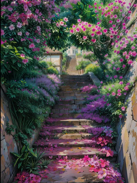 painting of a set of stairs covered in pink flowers, blossoming path to heaven, bougainvillea, old stone steps, stairways, leading to a beautiful, stone steps, stairway, stairway to heaven, outdoor staircase, staircases, stone stairway, steps leading down,...