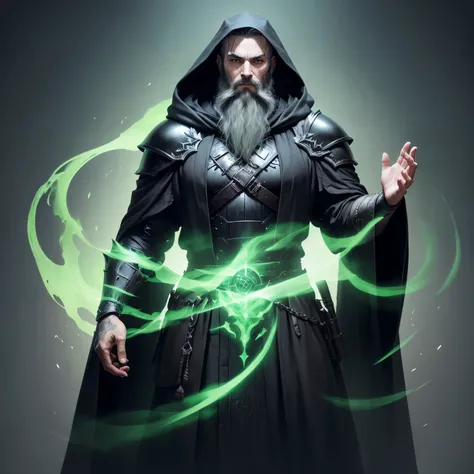 Man in a black robe, wearing leather armor, right eye black, beard, hands raised(greenish glow), necromancer, full Body 