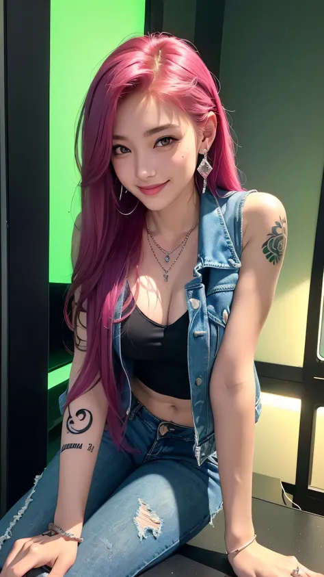 最high quality、best image quality、masterpiece、girl((20-year-old、 By becoming、vest bust、medium bust,wide open breast tea、shining eyes, neon hair、long hair、thin,highest valley、Damaged Denim Shorts、black navel shirt、Damaged Denim Jacket、smile、full body tattoo,...