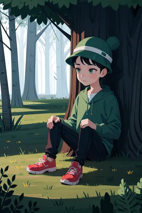 boy wearing a green hat ,forest