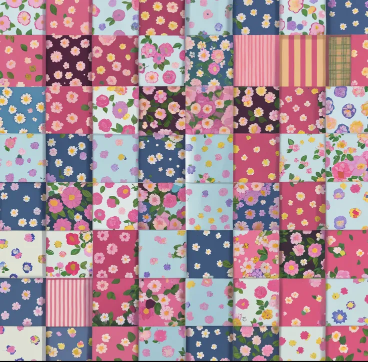 a close up of a Patchwork Quilt with flowers and stripes, mottled flowers, Patchwork, Seamless fabric pattern 8k, 3 2 x 3 2, Inspired by Bessie Wheeler, Textile printing, repeating fabric pattern, Quilt, Inspired by Doris Bolton Maude, Patchwork-streak sty...