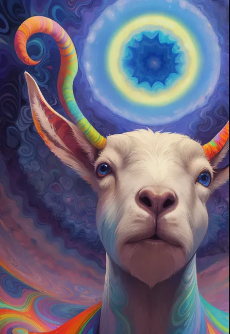 (psychedelic art:1.5), (view from below:1.2),goat，personification，big color block，White，blue, Upper body, eyes closed,goat, ,There are flowers,