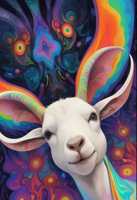 (psychedelic art:1.5), (view from below:1.2),goat，personification，big color block，White，blue, Upper body, eyes closed,goat, ,There are flowers,