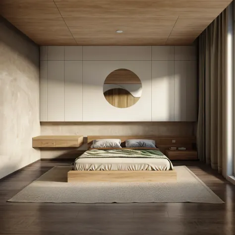 wabi-sabi lbedroom interior, wabi-sabi interior style, design tends to be minimalist, (muted tones of beige, gray, brown, and gr...