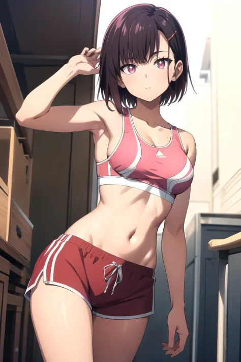 masterpiece, best quality, intricate details, 8k, uhd, perfect skin, detailed eyes,  shizukazom100, 1girl, solo, short hair, dark purple hair, bangs, hair ornament, hairclip, pink eyes, white pupils, medium breasts, collarbone, sports bra, navel, midriff, ...